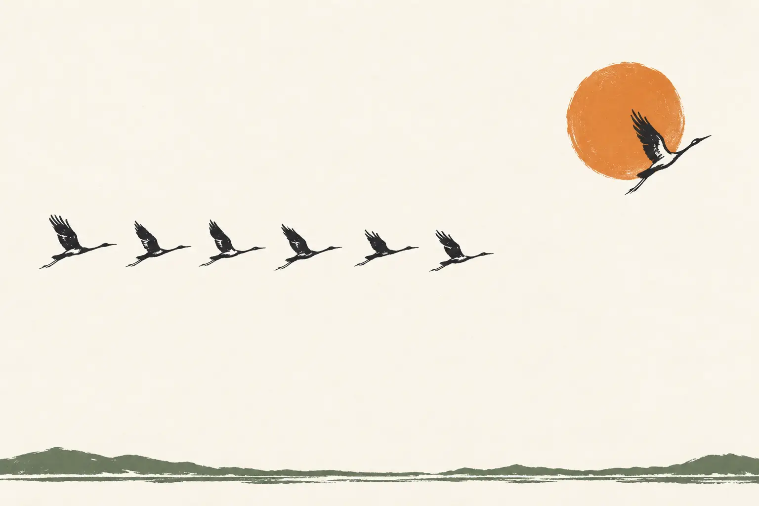Inkttekening in twee kleuren: een rij vogels vliegt boven een groene horizon terwijl één vogel bij een oranje zon een andere richting kiest.