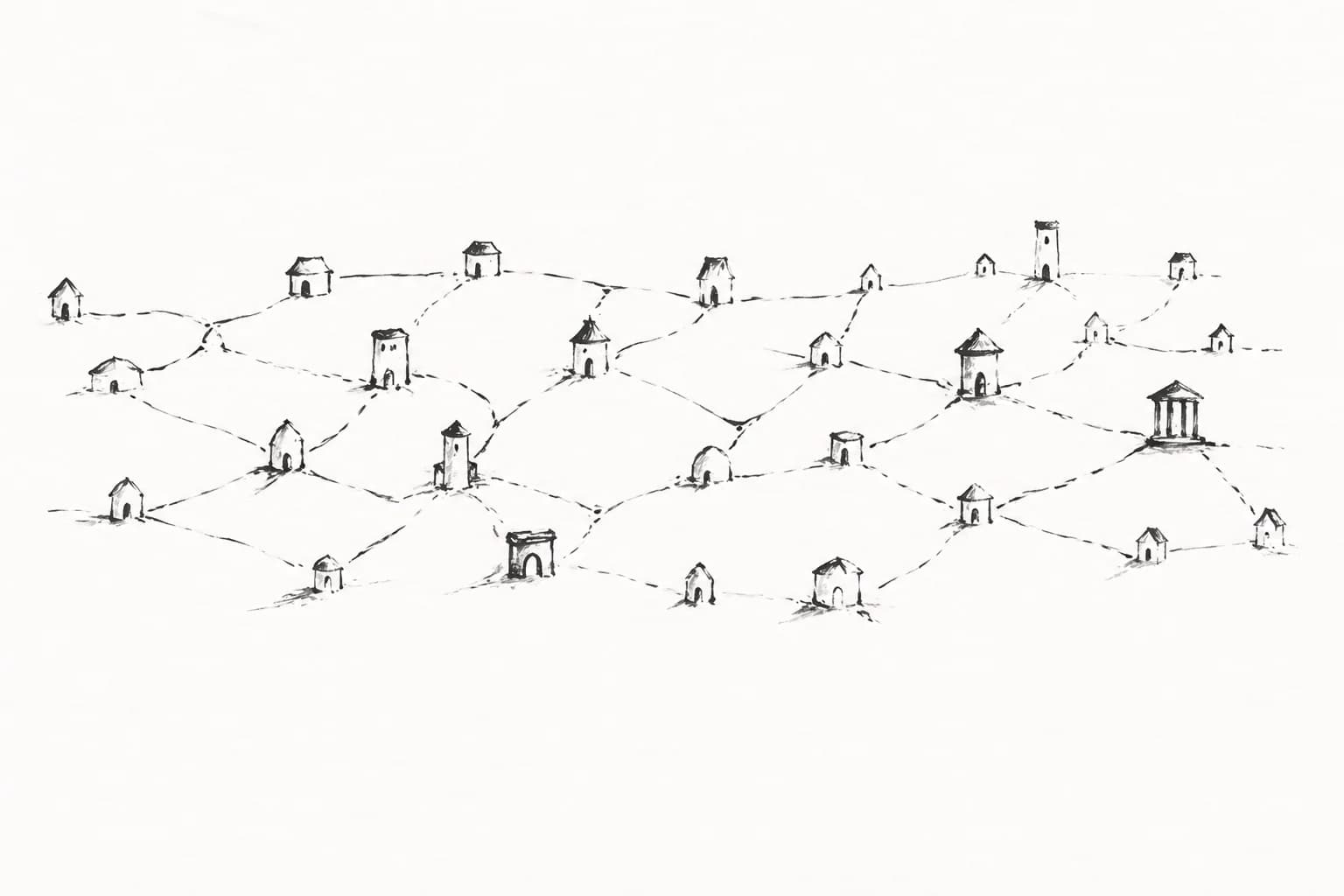 Inkttekening van een netwerk van kleine huisjes en gebouwtjes verbonden door dunne lijnen op een glooiend landschap