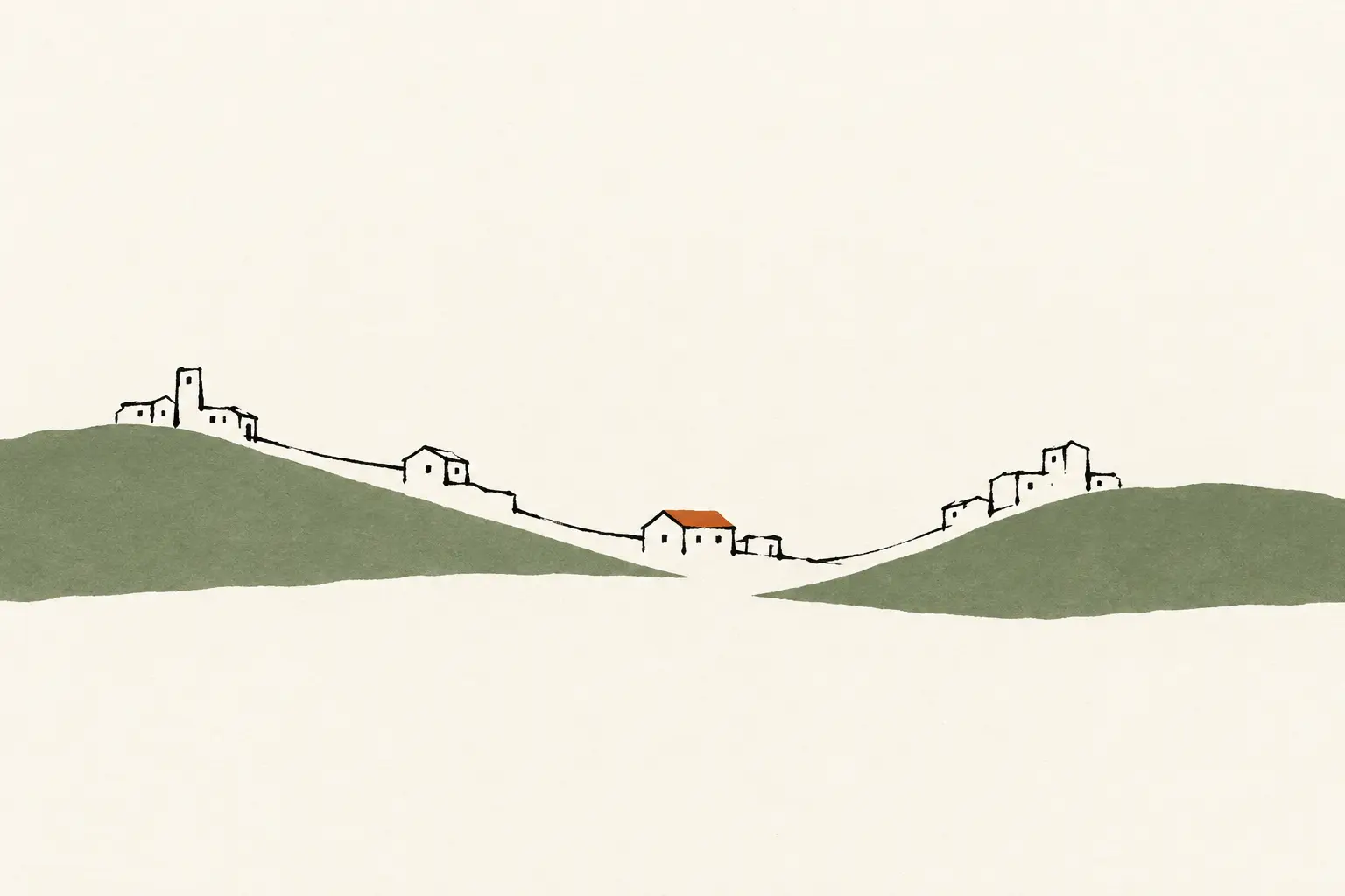 Inkttekening in twee kleuren: kleine verbonden huisjes liggen tussen twee groene heuvels en één huis heeft een oranje dak.