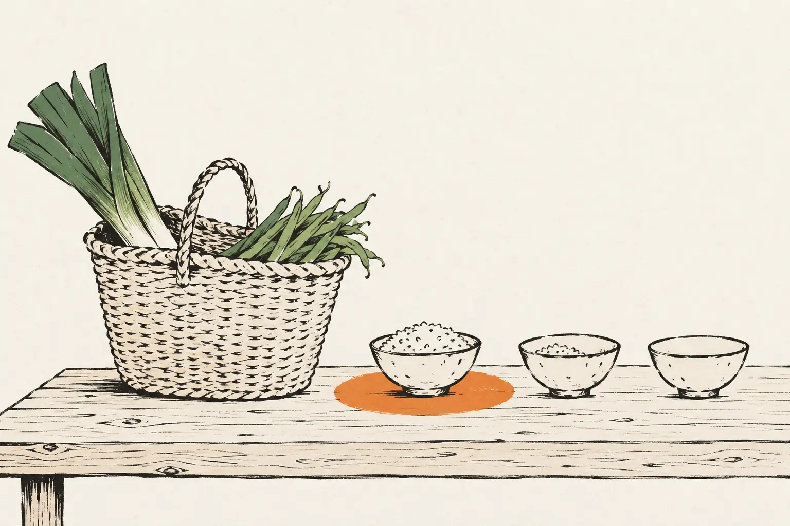 Inkttekening in twee kleuren: een rieten mand met groene prei en sperziebonen naast drie kommen, waarvan de volle op een oranje vlak staat.