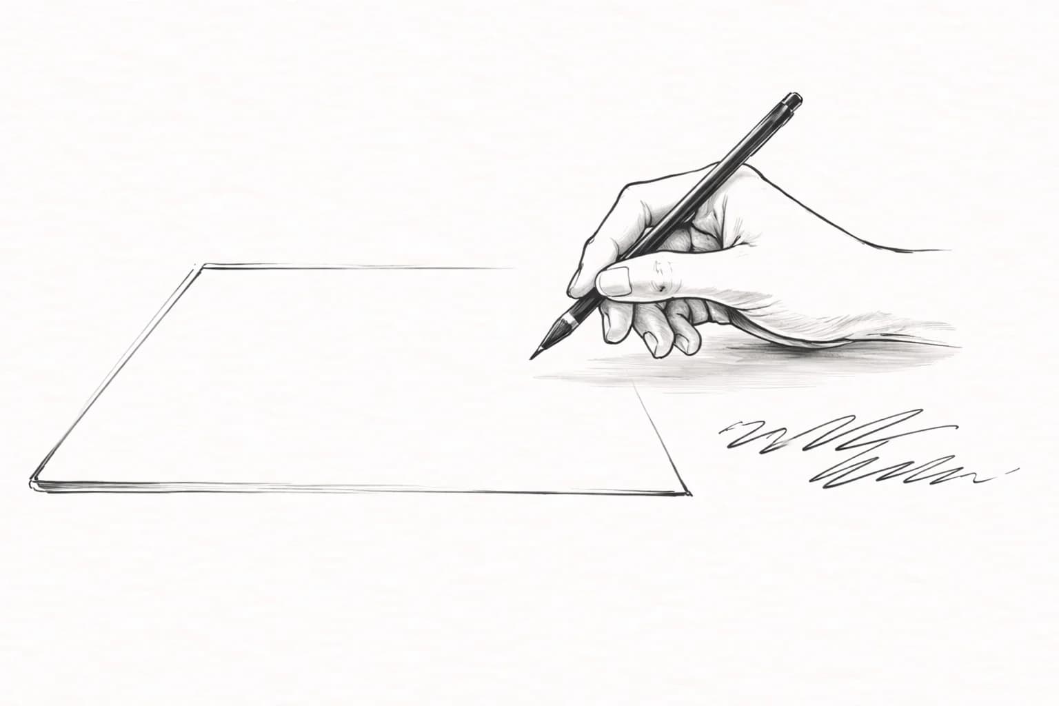 Inkttekening van een hand die boven een leeg vel papier zweeft, pen in de lucht, met losse onleesbare krasjes ernaast