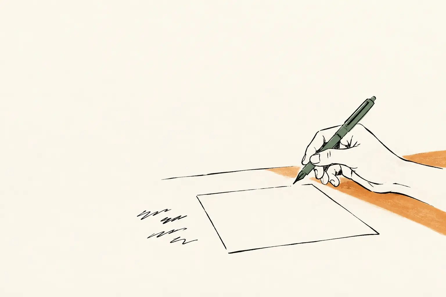 Inkttekening in twee kleuren: een hand met een groene pen boven leeg papier, met een klein oranje lichtvlak op de tafel.