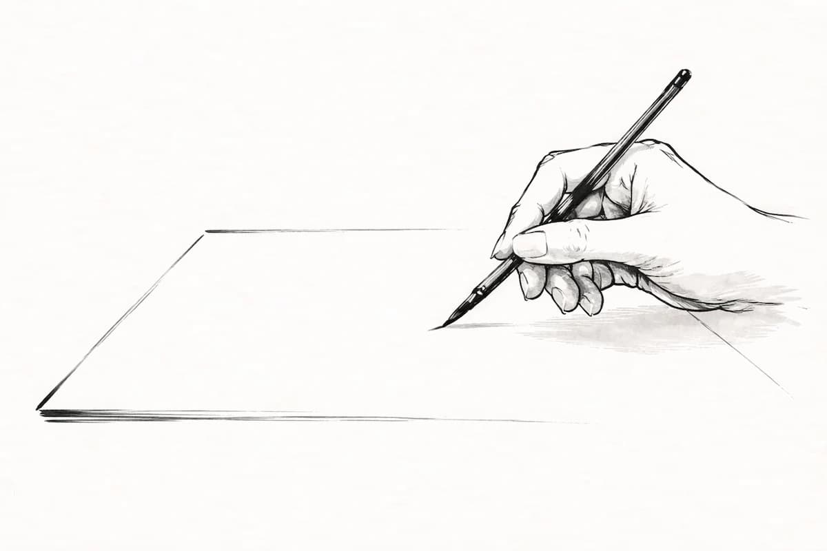 Inkttekening van een penseel en een vel papier met schetslijnen