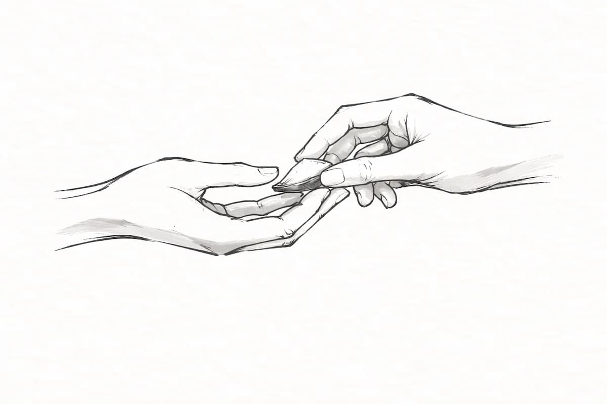 Inkttekening van twee handen die een handdruk maken boven een tafel