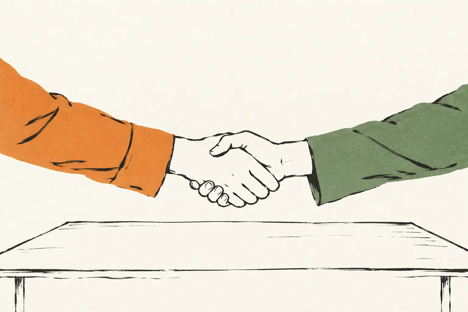 Inkttekening in twee kleuren: twee handen schudden elkaar boven een tafel, met een oranje mouw links en een groene mouw rechts.