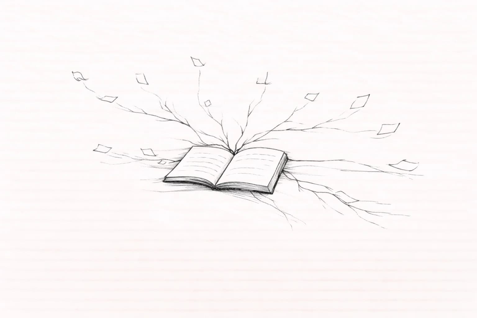 Inkttekening van een open notitieboek met lijnen die zich vertakken naar andere pagina's