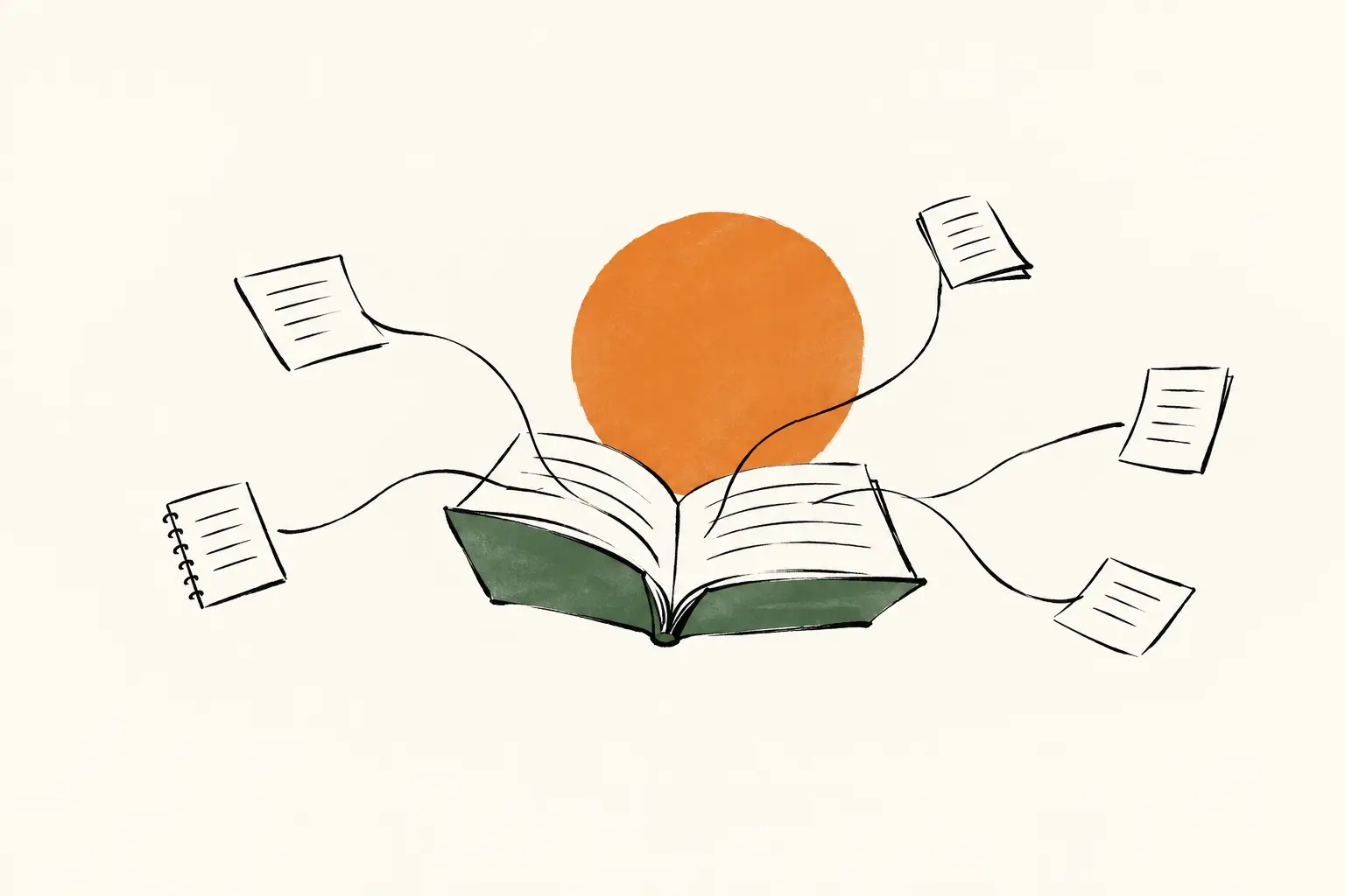Inkttekening in twee kleuren: vanuit een open notitieboek met groene kaft lopen lijnen naar losse pagina’s, met een oranje schijf erachter.