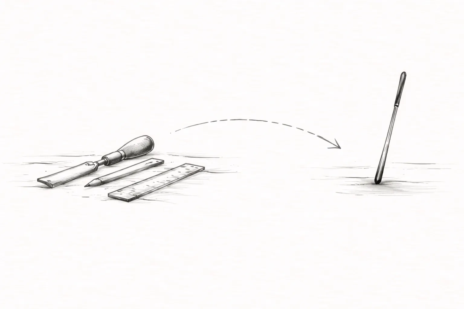 Inkttekening van een werkbank met verspreid handgereedschap links en een dirigeerstok rechts, verbonden door een gestippelde boog