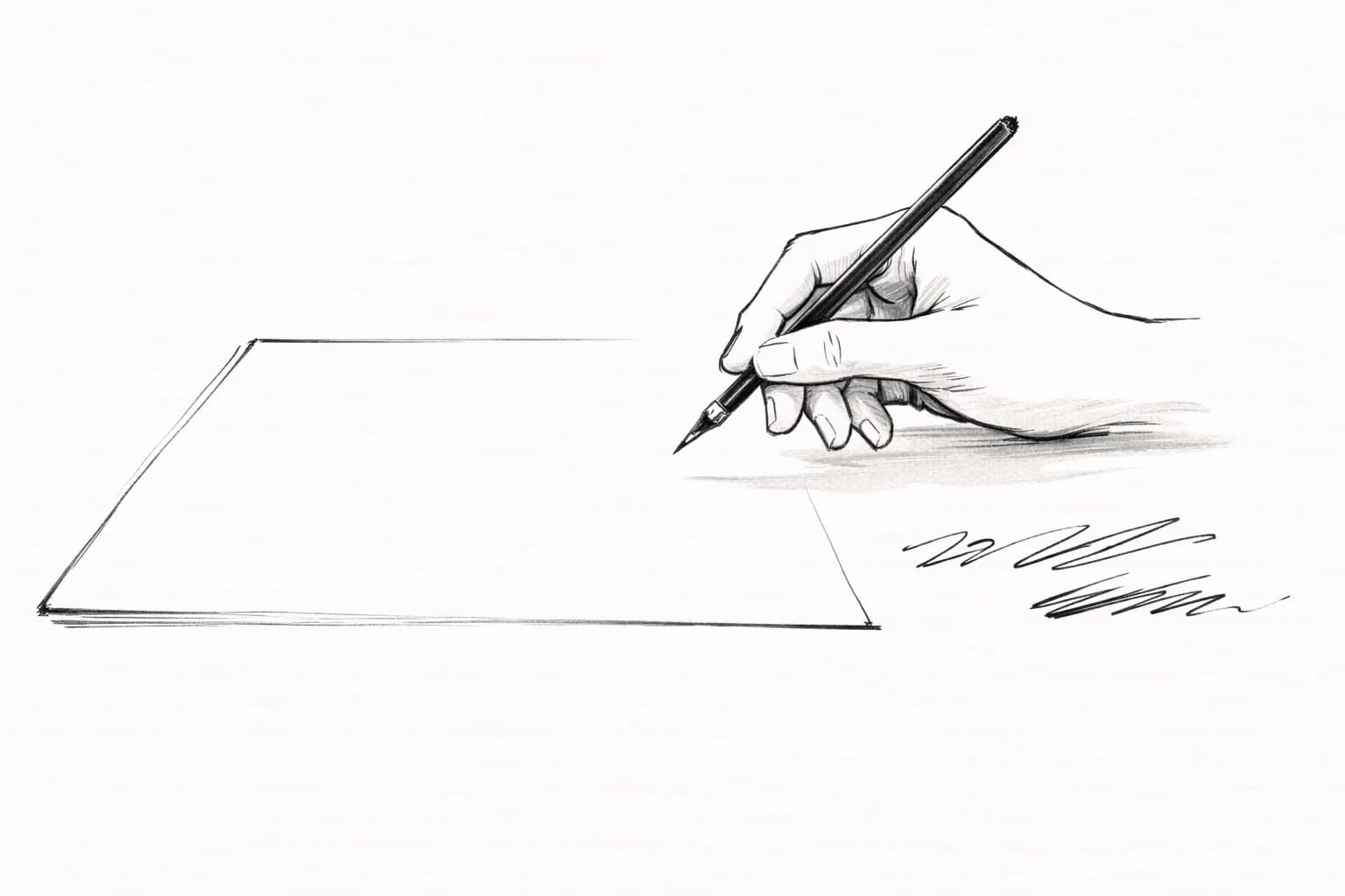 Inkttekening van een hand die met een pen boven een leeg vel papier zweeft, omringd door losse, onleesbare inktkrassen