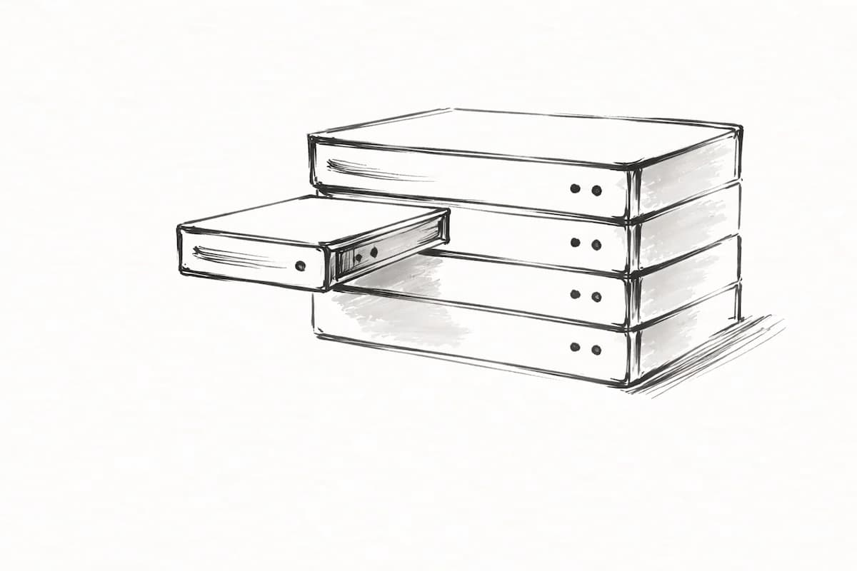 Inkttekening van een serverrek met kabels achter een kaart van Europa