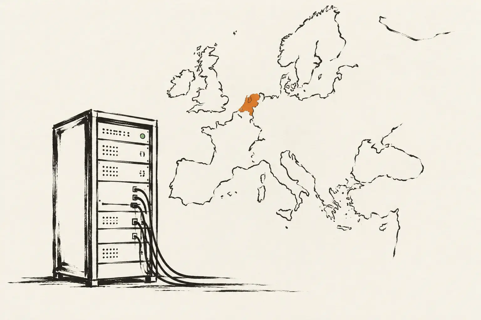 Inkttekening in twee kleuren: een serverrek met een groen lampje staat voor de omtrek van Europa waarin Nederland oranje is.