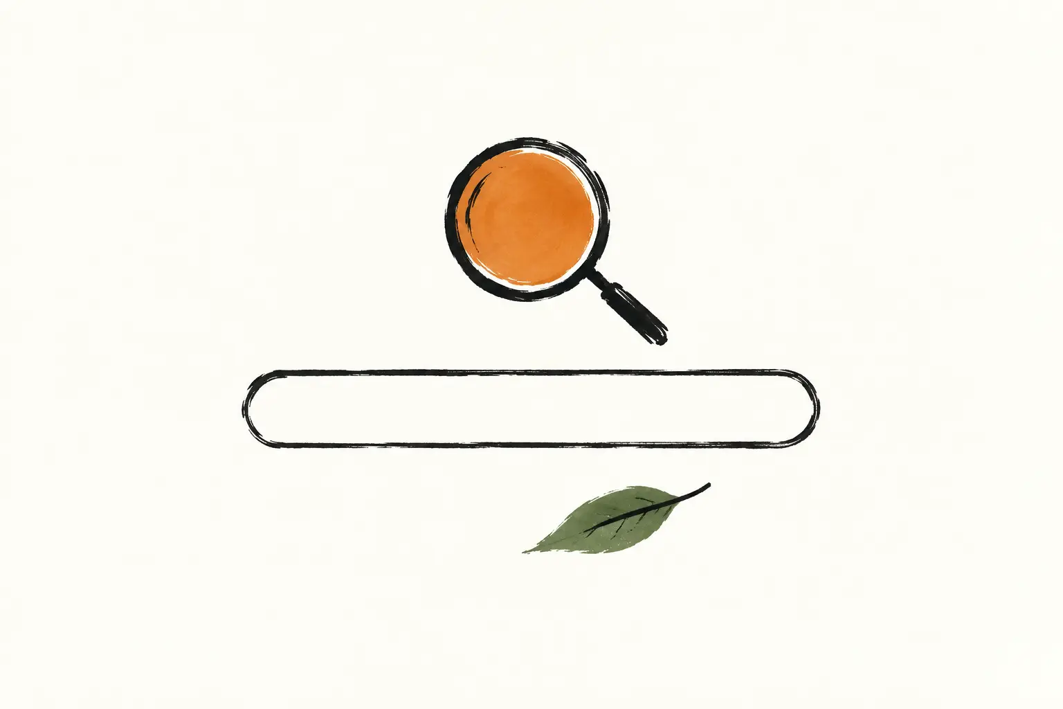 Inkttekening in twee kleuren: een vergrootglas met een oranje schijf hangt boven een lege zoekbalk met daaronder een groen blaadje.