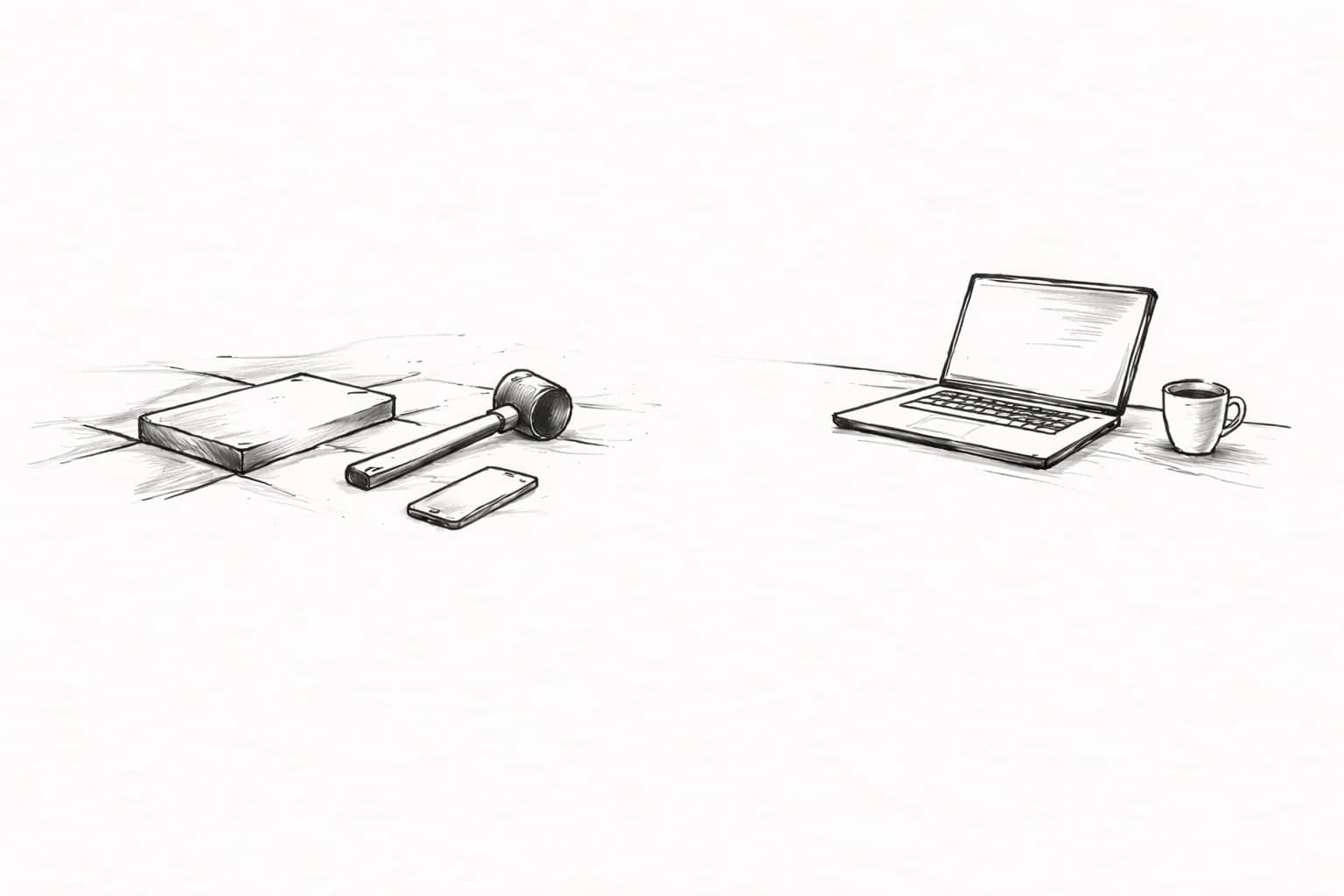 Inkttekening van een stratenmaker met kasseien links en een laptop op een bureau rechts, verbonden door een pijl