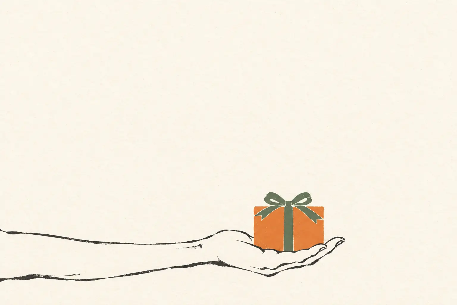 Inkttekening in twee kleuren: een uitgestrekte open hand houdt een oranje pakketje met een groen lint vast.