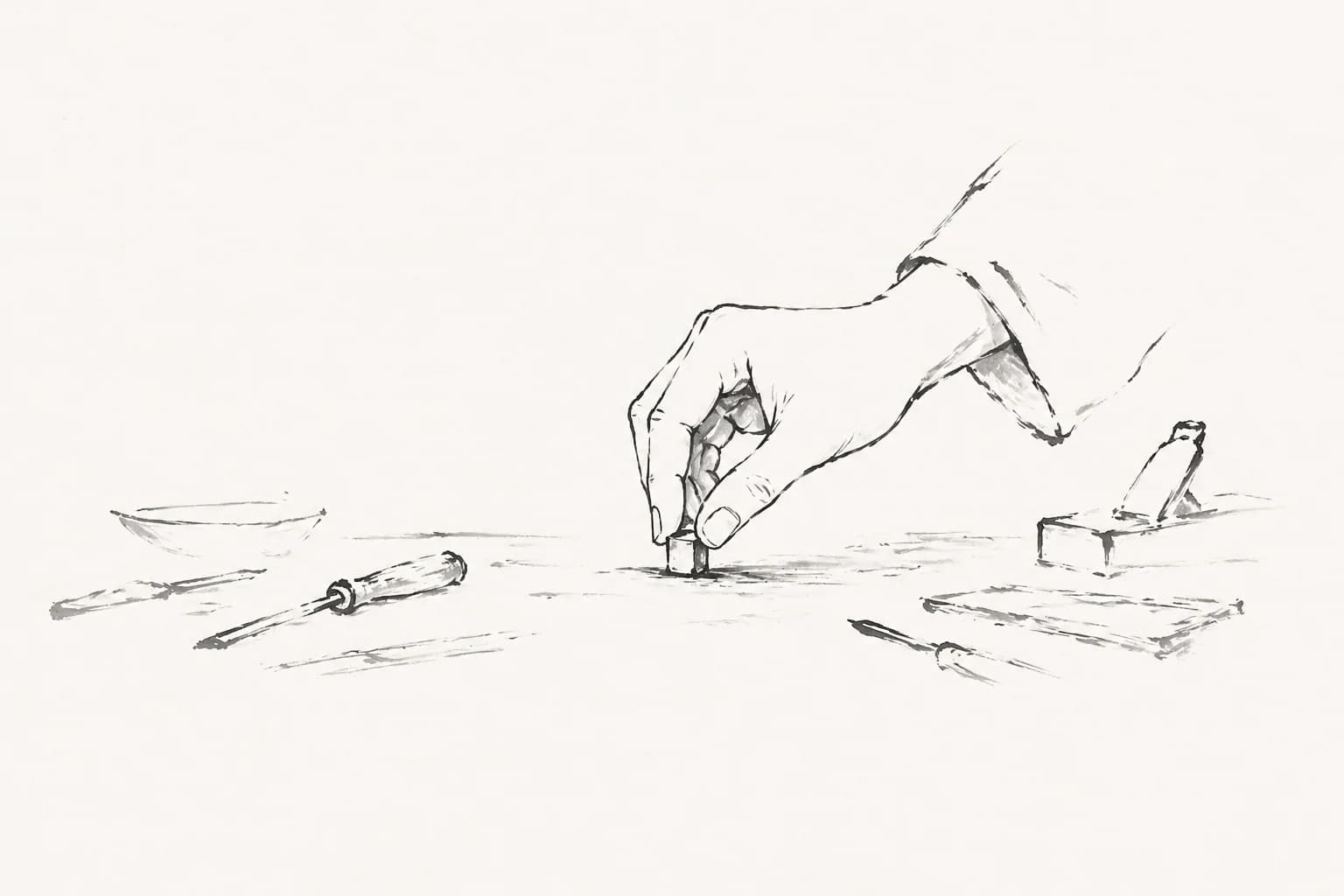 Inkttekening van een hand die een klein object op een werkbank plaatst, omringd door losjes geschetst gereedschap